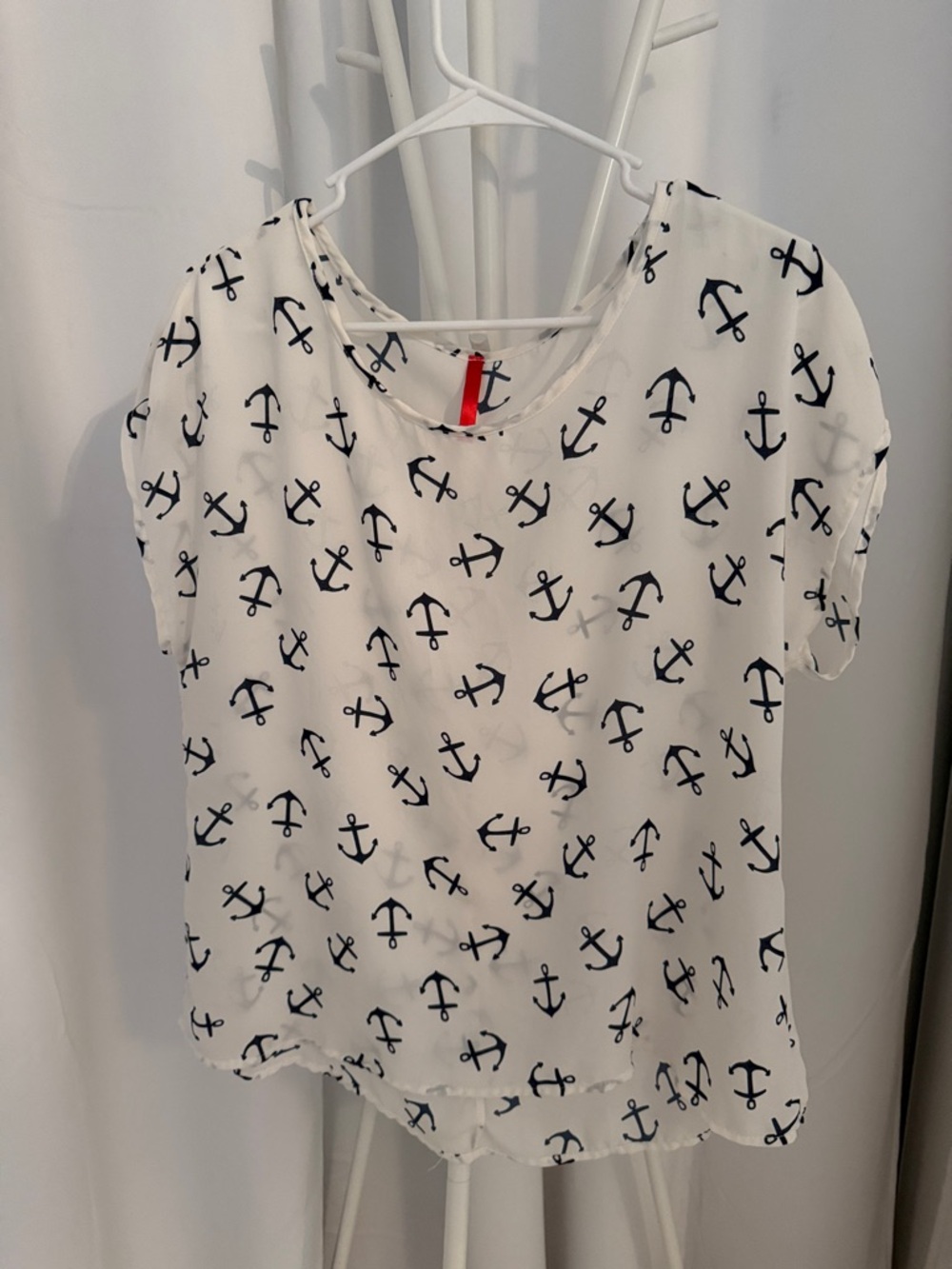 White Anchor Print Short Sleeve Blouse
